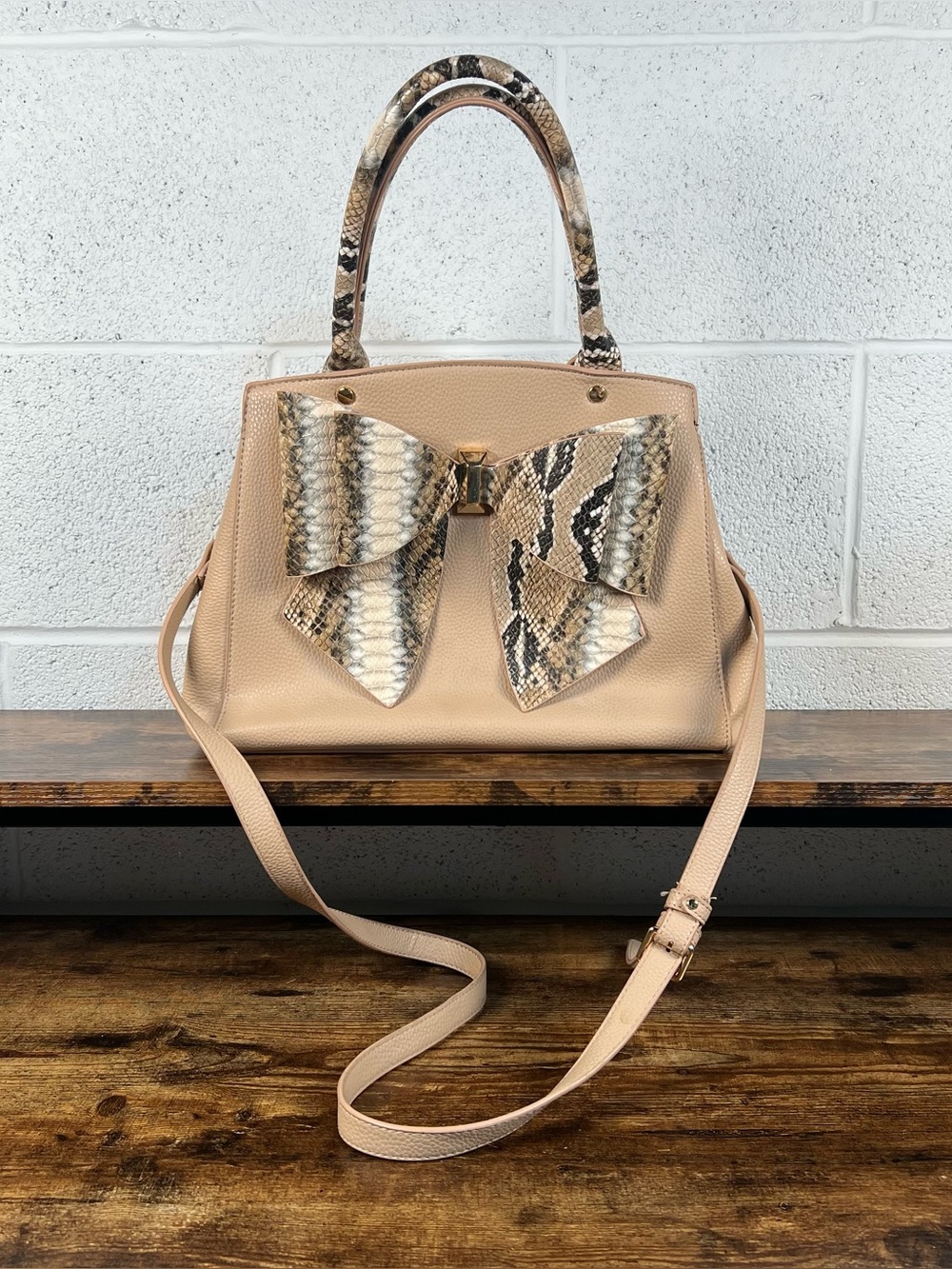 Like Dreams Purse Bow Front Snake Print Faux Leather